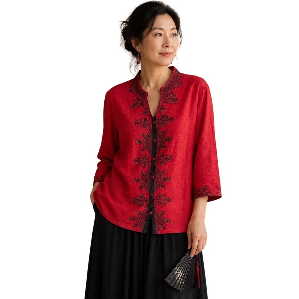 VTG NWT Silkland Red Black Silk Beaded Paisley Embroidered Asian inspired Top 2X